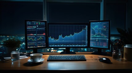 Fototapeta premium Real-time stock trading dashboard glowing in dark office