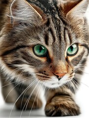 photorealistic, captivating happy cat, walking towards the screen