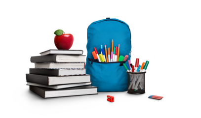 A back to school scene of a pile of study books to learn from, a red apple, blue school bag and pens and pencils isolated against a transparent background.