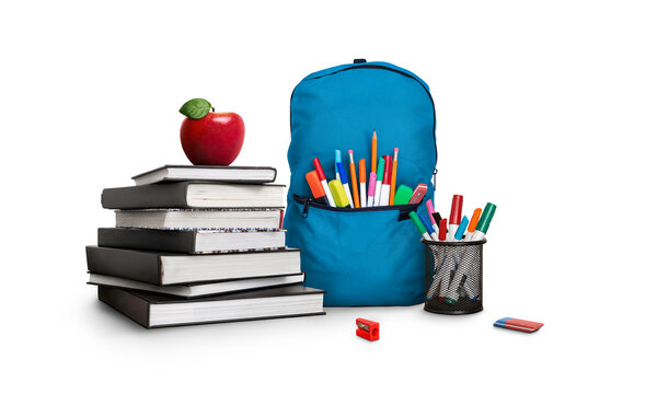 A back to school scene of a pile of study books to learn from, a red apple, blue school bag and pens and pencils isolated against a transparent background. - Powered by Adobe