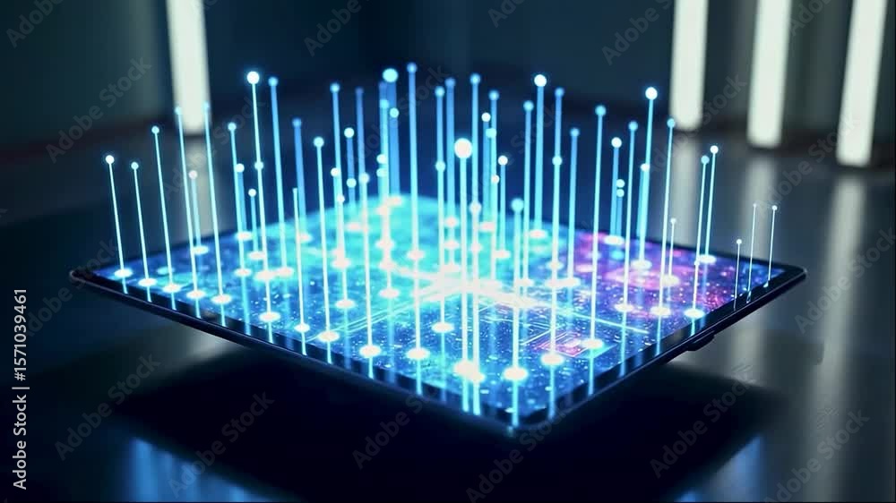 Poster a futuristic tablet with glowing lines representing digital network and data transfer.