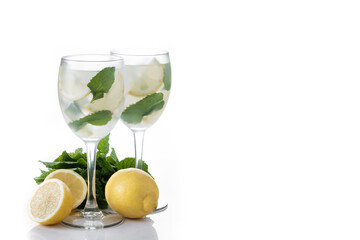 Hugo Spritz cocktail in glass isolated on white background. Copy space
