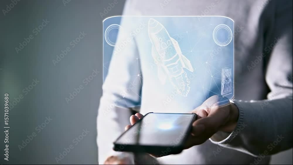Poster person using a smartphone with a futuristic rocket design on the screen, representing innovative tec