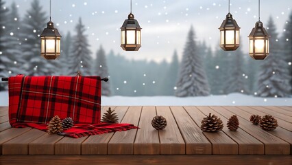 Cozy winter scene with plaid blanket pinecones and hanging lanterns in a snowy forest