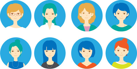 いろいろな女性のアイコンイラストセット