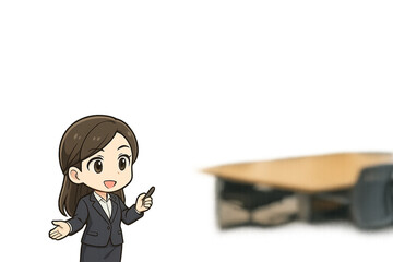 ホワイトボードに書き込みながら説明するミニキャラのキャリアウーマン（会議室背景・中央余白あり）