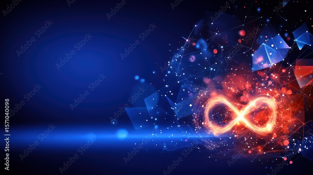 Poster dynamic infinity symbol with abstract background of shining particles and geometric shapes in vivid 