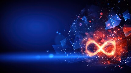 Dynamic Infinity Symbol with Abstract Background of Shining Particles and Geometric Shapes in Vivid Colors
