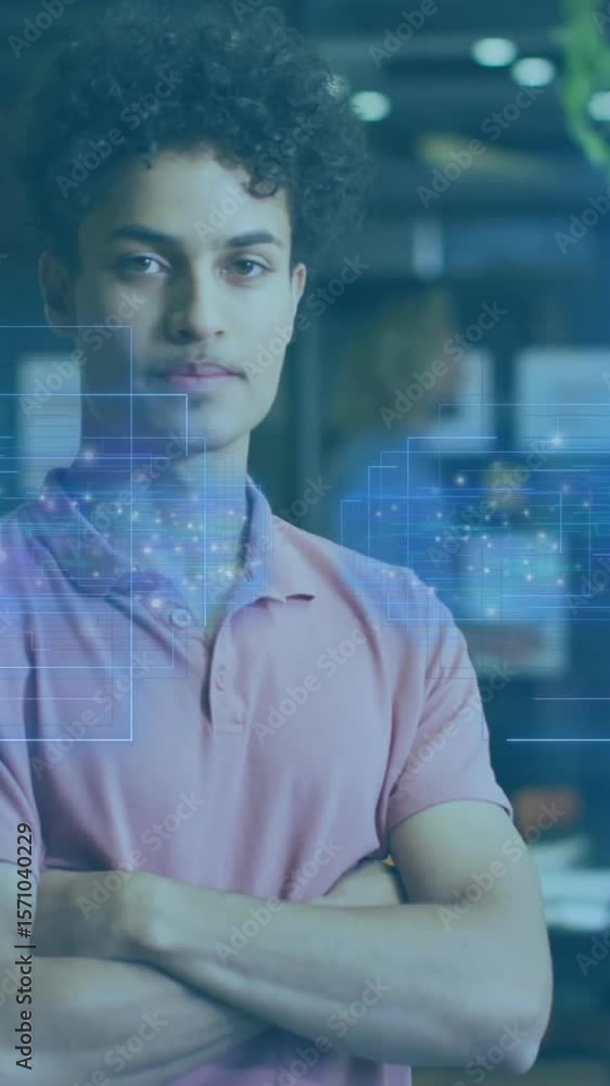 Poster cross-armed man in office with digital data processing animation over him