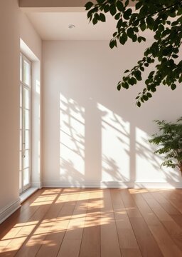 Wooden floor and white plaster wall studio room background with cozy sunlight from window and leafs summer shadows parquet floor and white wall interior living room design empty place space room Em