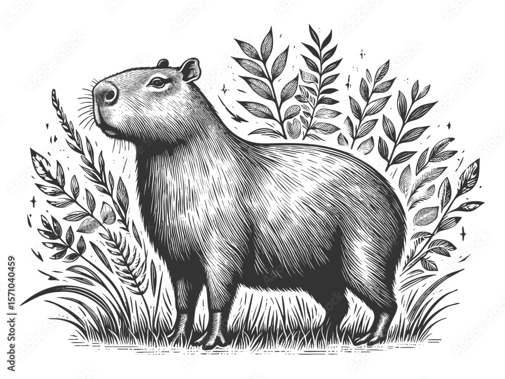 Poster capybara sketch engraving generative ai fictional character vector illustration. scratch board imita