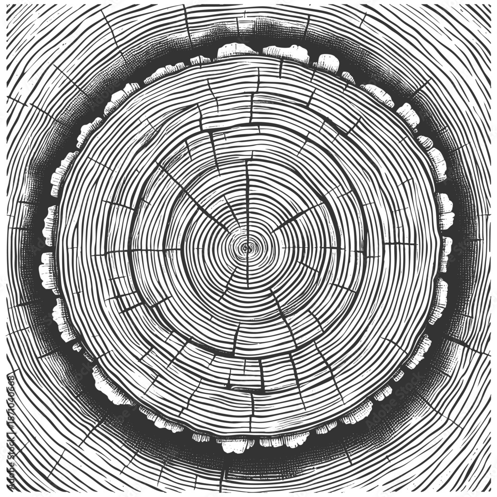 Poster tree trunk cross section showing growth rings sketch engraving generative ai fictional character vec