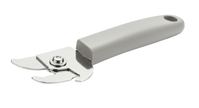 Modern Can Opener with Gray Handle.