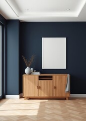 Picture mockup with white vertical frame on dark blue wall stylish dark interior with decor and wooden cupboard and blanket picture poster mockup minimalist modern interior design 3d illustration