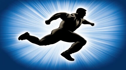 Dynamic silhouette of a powerful figure in a running pose against a vibrant blue energy background for motivational themes