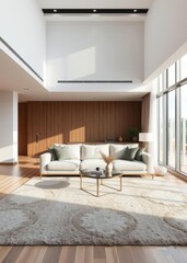 Fototapeta premium Sofa and coffee table with carpet in modern living room Empty room interior design architecture blank design room