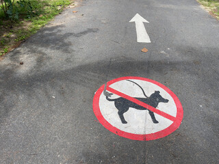 Traffic sign on the road with dog symbol in the park.
