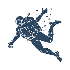 Silhouette of Scuba Diver Swimming Underwater. Vector Illustration of Diver with Oxygen Tank, Mask, and Diving Gear Isolated on White Background