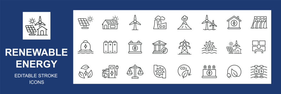 Renewable Energy Icon Set. including solar wind, alternative sources energy. Eco icon collection and low emission sustainable power system line icon set.  Editable stroke. Vector illustration.