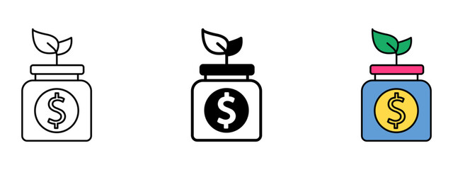 Dollar Jar Icon – Line, Glyph, and Fill Icon Set