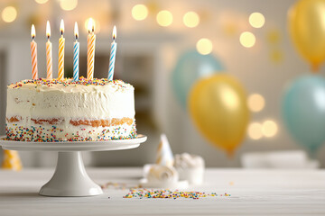 Homemade birthday cake with candles and sprinkles on festive blurred background for party invitation design or greeting card
