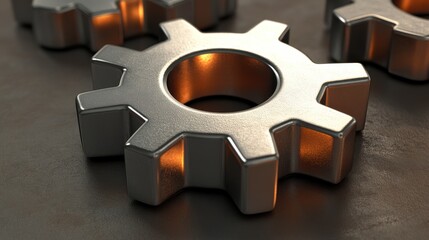 Metallic gear cog on a textured surface with warm lighting showcasing industrial design and engineering aesthetics