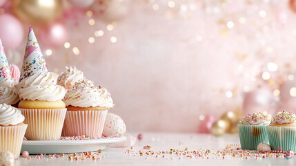 Elegant birthday celebration with cupcakes and balloons in pastel colors for party decor design. Background for greeting cards or party invitations.