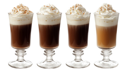 Four glasses of Irish coffee isolated on white background
