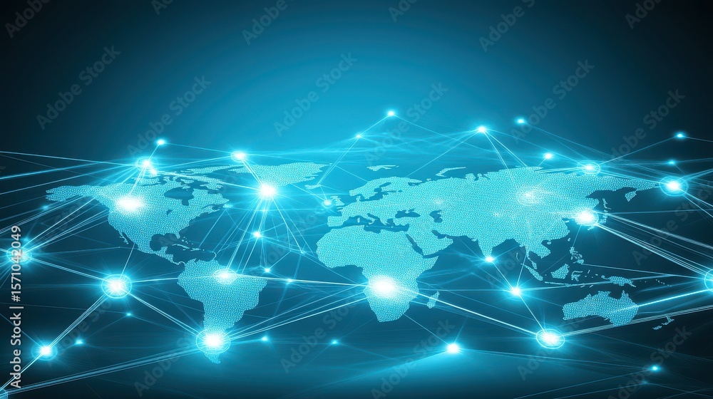 Aufkleber digital network connectivity map visualization over global world map with blue and teal technology b