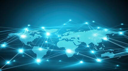 Digital Network Connectivity Map Visualization Over Global World Map with Blue and Teal Technology Background