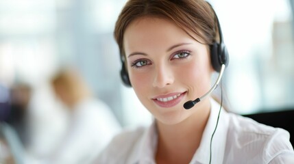 Professional Customer Service Representative with Headset Smiling at the Camera.