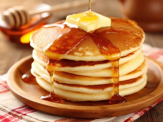 A stack of fluffy pancakes topped with a melting pat of butter and drizzled with golden syrup on a wooden plate.