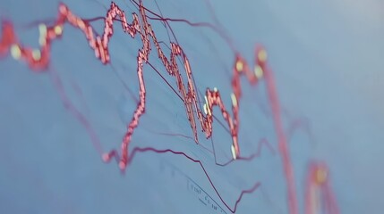 Data visualization of financial market trends with fluctuating graphs and colorful lines on a blue background