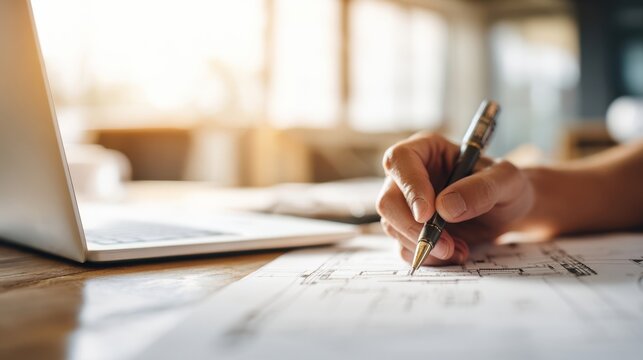 The hand sketching architectural plans on a stylish workspace desk.