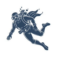Silhouette of Scuba Diver Swimming Underwater. Vector Illustration of Diver with Oxygen Tank, Mask, and Diving Gear Isolated on White Background