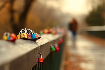 Romantic love locks on a bridge with a couple in the blurred background