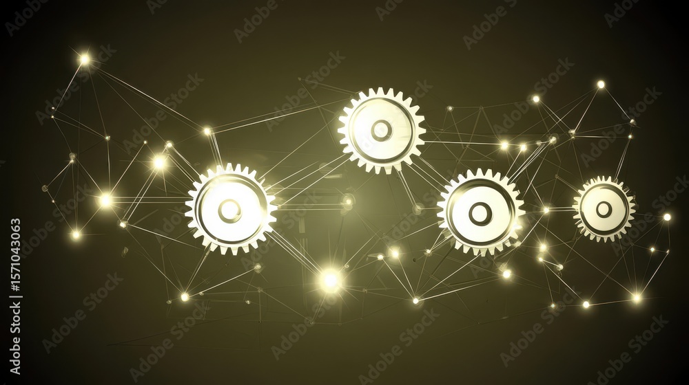 Poster abstract representation of interconnected gears with glowing effects illustrating technology and inn