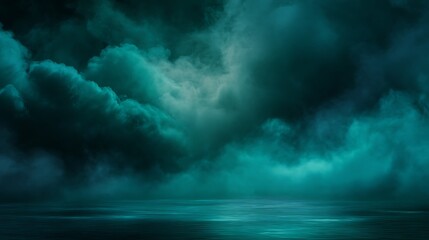 Mysterious teal clouds hovering over calm water reflecting ethereal light and foggy atmosphere