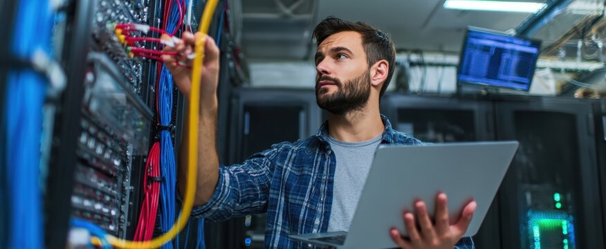 The technician managing network connections and monitoring systems in a server room.