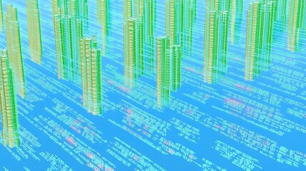 Abstract Digital Landscape With Towering Structures and Flowing Data Streams in Green and Blue Colors