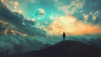 A lone figure stands on a hilltop, silhouetted against a dramatic sky with a large moon.