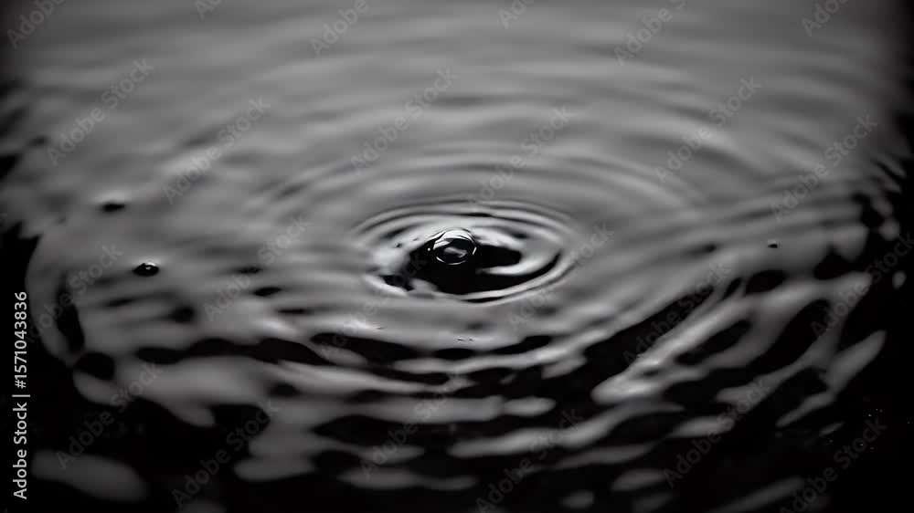 Poster elegant monochrome water drop creates ripples on a dark background with textural wave patterns and d
