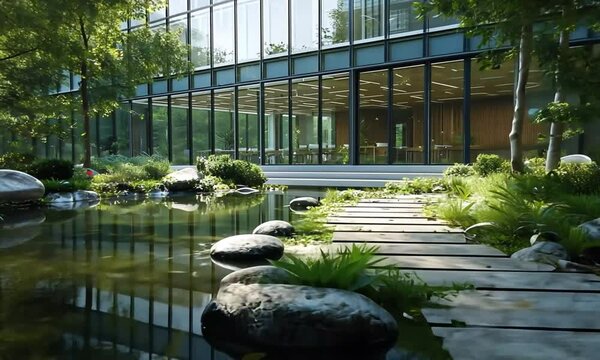 Modern Office Building with Biophilic Garden and Pond