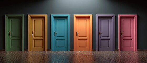 Six colorful closed doors in a row against a gray wall with wooden flooring, each door in a distinct vibrant color.