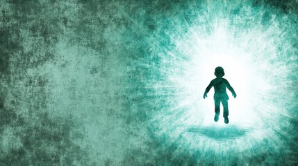 Ethereal Child Running Toward Bright Light with Abstract Textured Background in Shades of Green and Blue