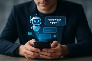 Businessman Interacting with Smart AI Chatbot Interface for Business Commands and Digital Assistance — AI Bot and Automation Concept
