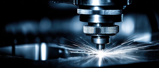Close-up image of a CNC machine cutting metal, producing bright sparks during the milling process.