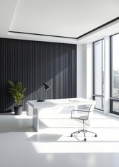 Modern minimalist home office is featuring a white desk and chair with a black lamp Empty room interior design architecture blank design room