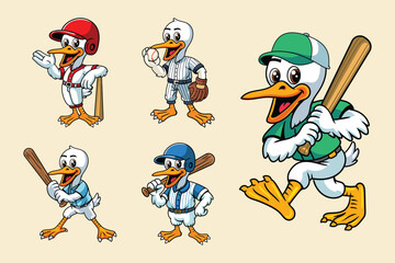 Set of Stork Baseball Sport Mascot in Cartoon Cute Illustration
