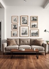 Gallery wall home decor and wall art over sofa framed art in modern english country cottage sitting room interior living room for diy printable artwork and print shop Empty room interior design U